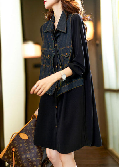 Black Square Collar Denim Patchwork Fake Two Pieces Mid Dress Long Sleeve
