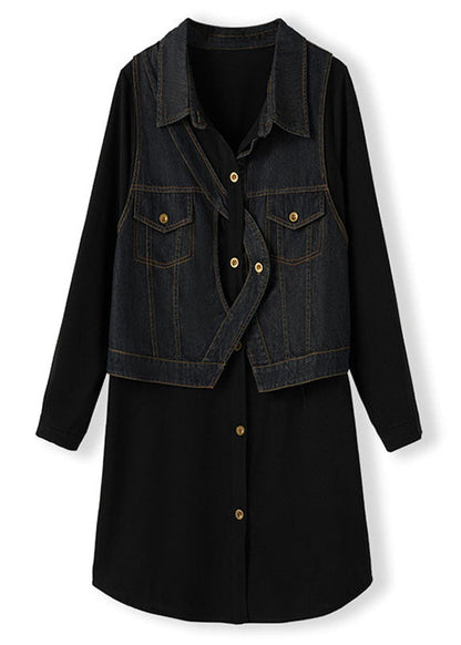 Black Square Collar Denim Patchwork Fake Two Pieces Mid Dress Long Sleeve