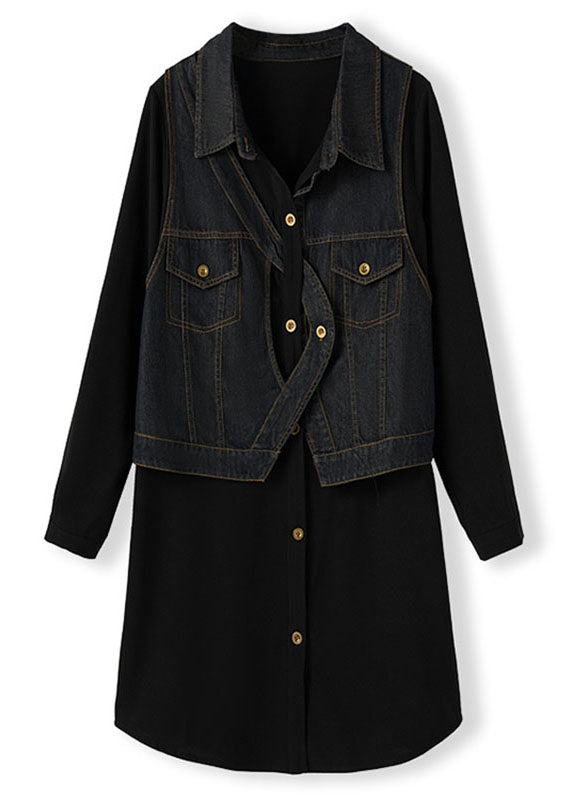 Black Square Collar Denim Patchwork Fake Two Pieces Mid Dress Long Sleeve