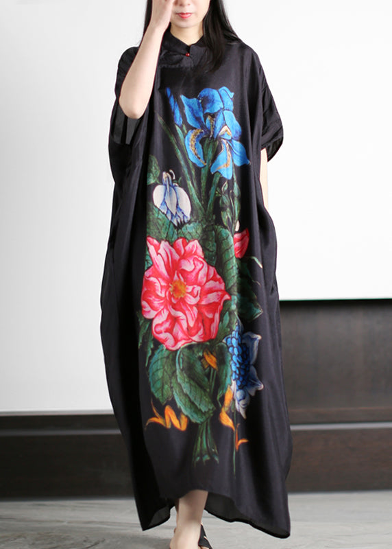 Black Stand Collar Asymmetrical Blue Print Silk Loose Dress Batwing Sleeve