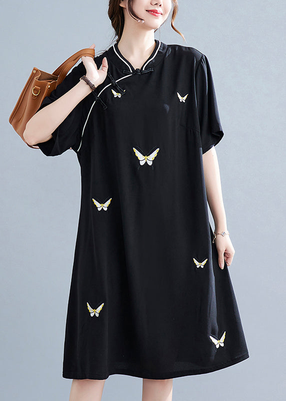 Black Stand Collar Button Butterfly Embroideried Cheongsam Dresses Short Sleeve