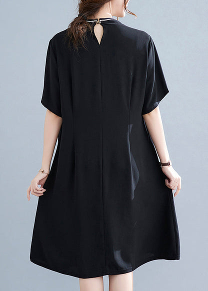Black Stand Collar Button Butterfly Embroideried Cheongsam Dresses Short Sleeve
