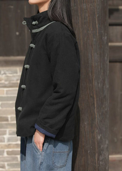 Black Stand Collar Chinese Button Fine Cotton Filled Coat Winter