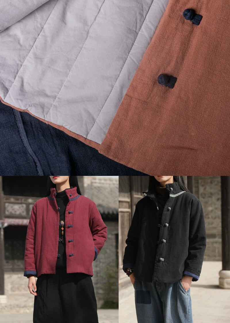 Black Stand Collar Chinese Button Fine Cotton Filled Coat Winter