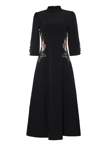 Black Stand Collar Embroideried Button Party Tulle Maxi Dress Long Sleeve
