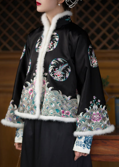 Black Stand Collar Embroideried Silk Thick Parka Long Sleeve