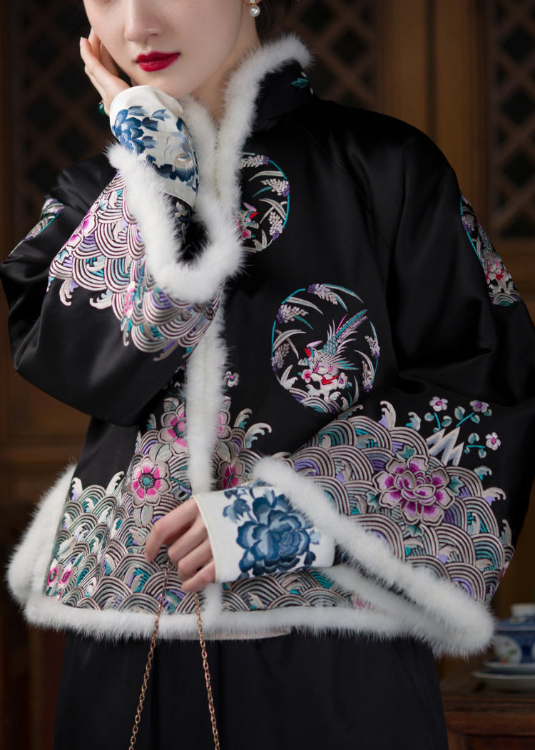Black Stand Collar Embroideried Silk Thick Parka Long Sleeve