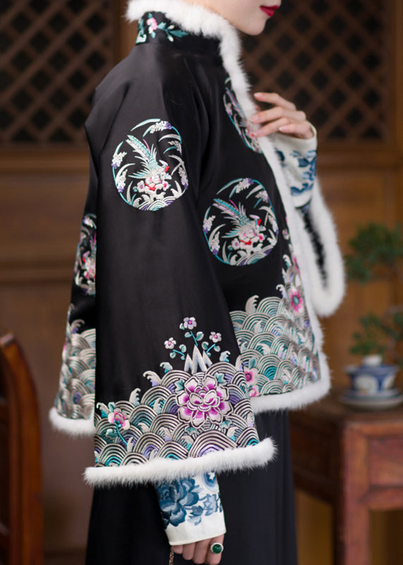 Black Stand Collar Embroideried Silk Thick Parka Long Sleeve