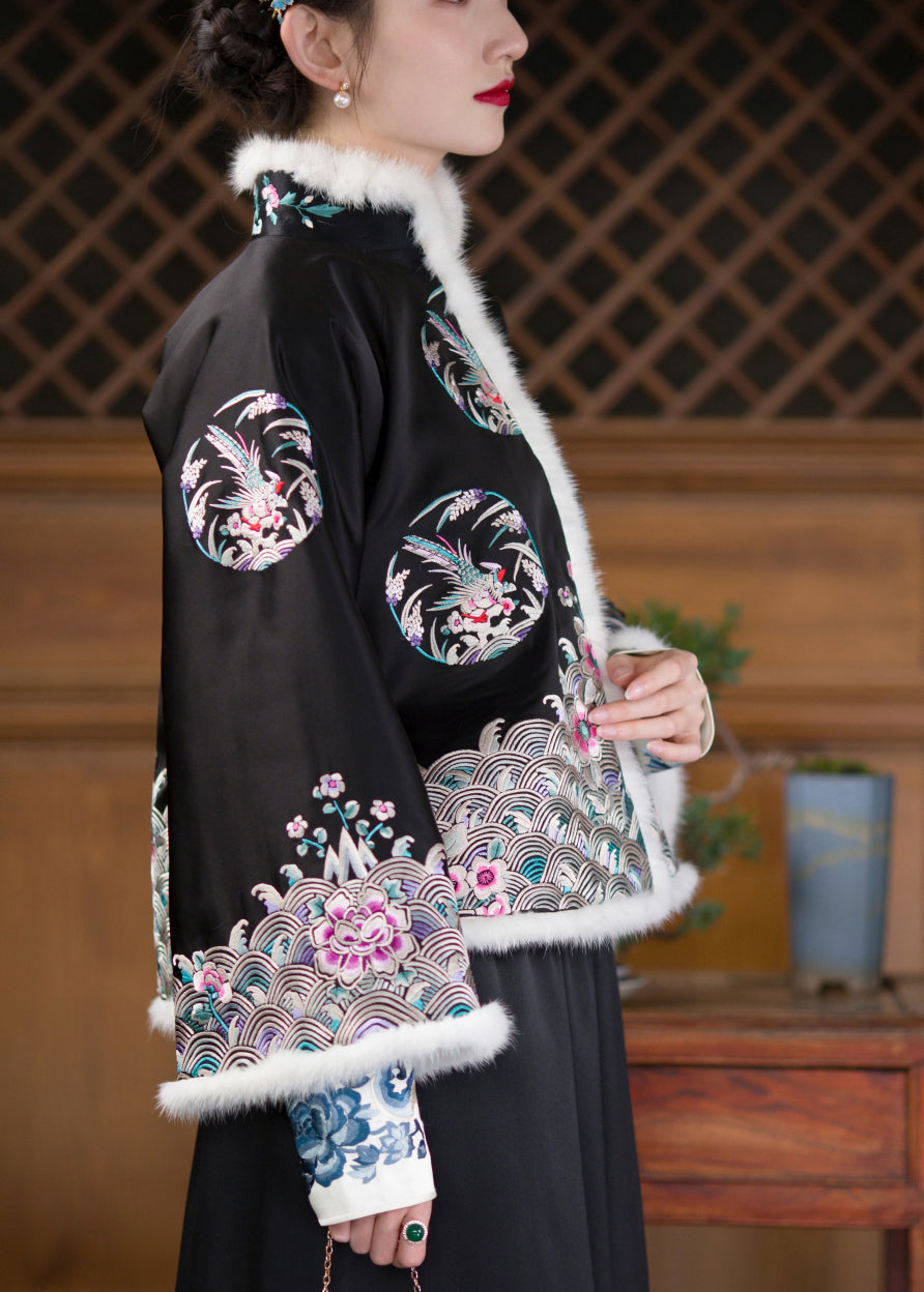 Black Stand Collar Embroideried Silk Thick Parka Long Sleeve