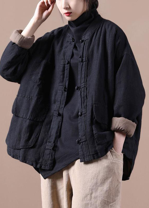 Black Fine Linen Jacket Cotton Filled Coat Winter