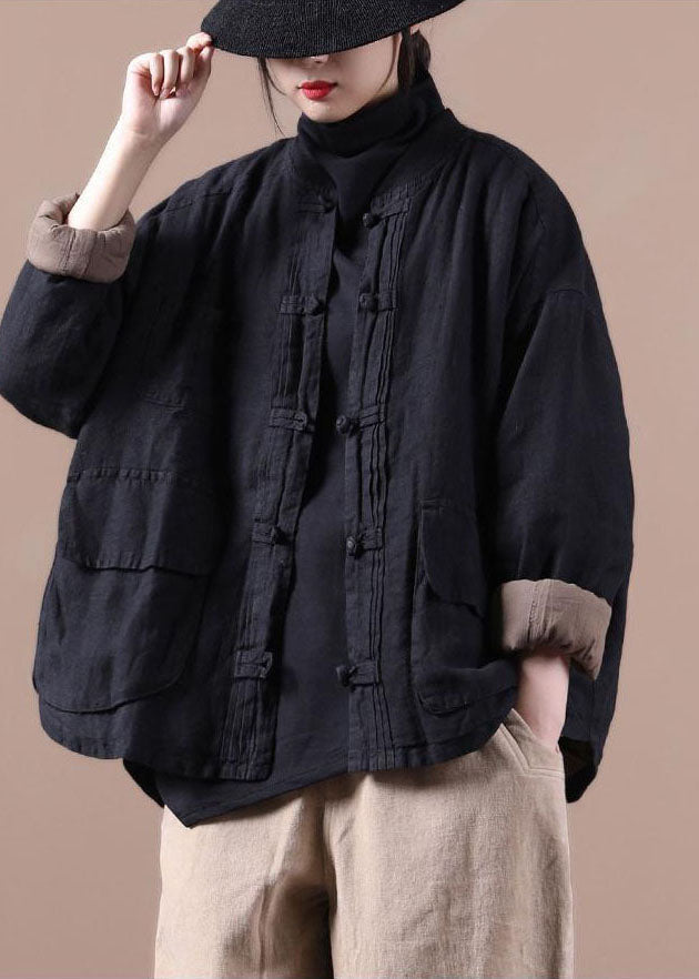 Black Fine Linen Jacket Cotton Filled Coat Winter