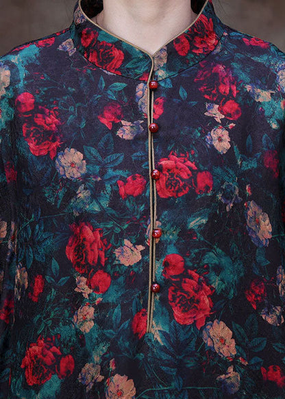Black Stand Collar Print Side Open Silk Long Dresses Long Sleeve
