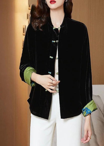 Black Stand Collar Oriental Button Warm Silk Velour Coats Winter