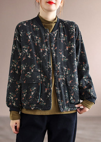 Black Stand Collar Pockets Fine Cotton Filled Jacket Spring