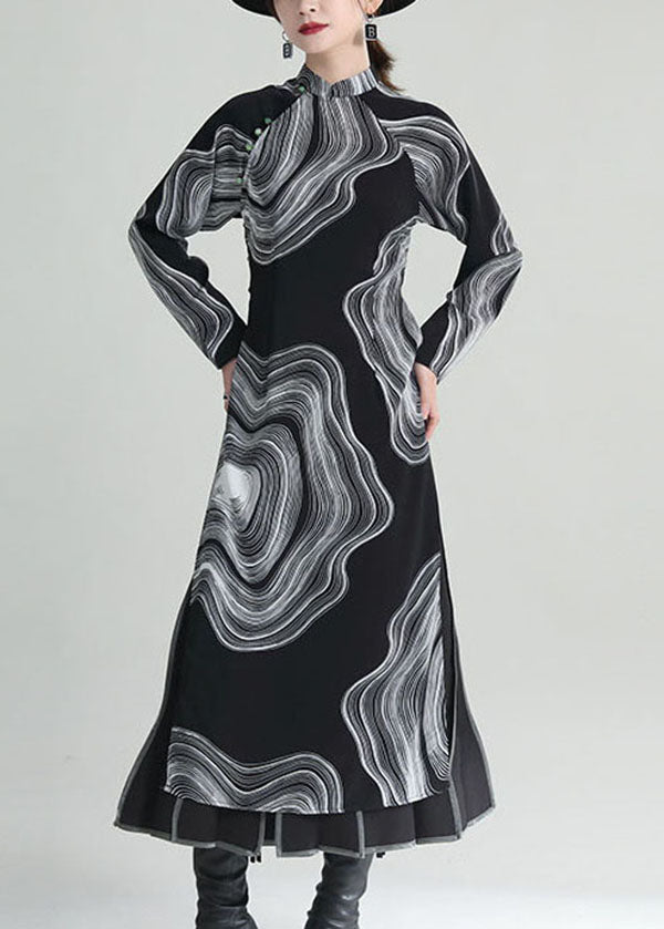Black Stand Collar Print Side Open Cheongsam Dresses Fall