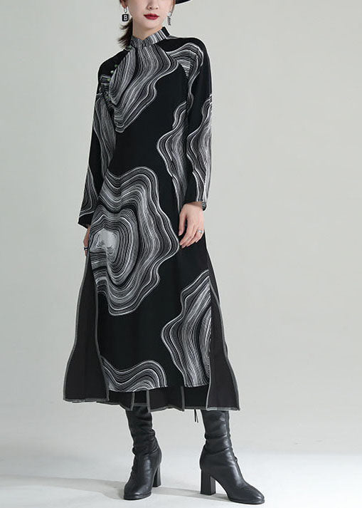 Black Stand Collar Print Side Open Cheongsam Dresses Fall