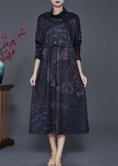 Black Stand Collar Print Warm Fleece Long Dress Winter