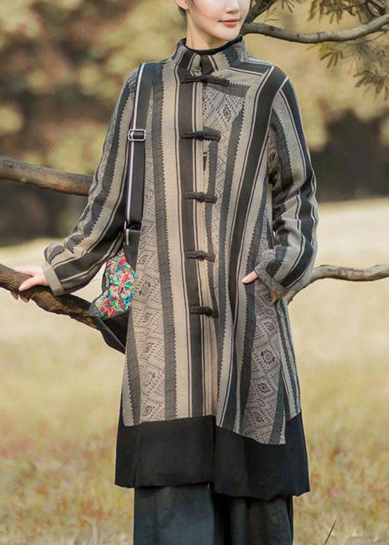 Black Striped Patchwork Oriental Button Warm Fleece Long Coats Winter