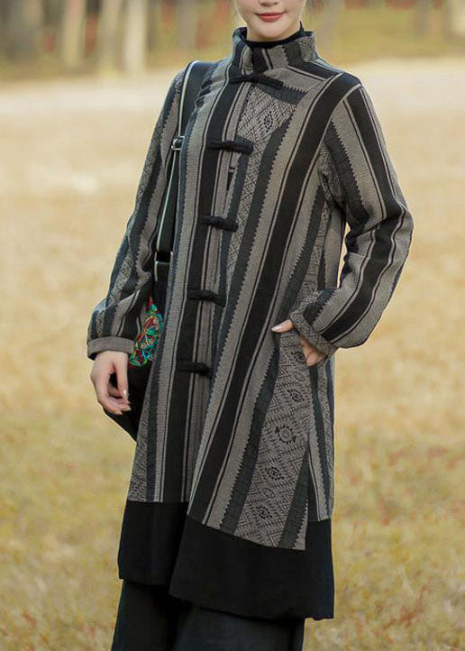 Black Striped Patchwork Oriental Button Warm Fleece Long Coats Winter