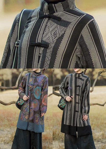 Black Striped Patchwork Oriental Button Warm Fleece Long Coats Winter