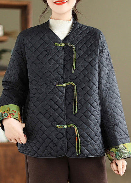 Black Tasseled Button Patchwork Fine Cotton Filled Jackets Winter