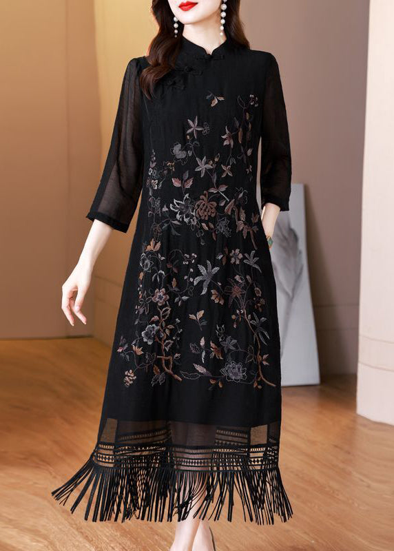 Black Tasseled Embroidered Silk Long Dresses Bracelet Sleeve