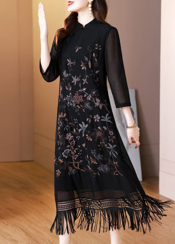 Black Tasseled Embroidered Silk Long Dresses Bracelet Sleeve