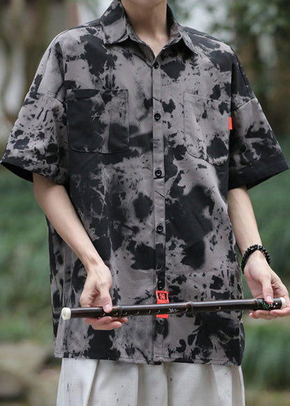 Black Tie Dye Pockets Ice Silk Shirts Summer