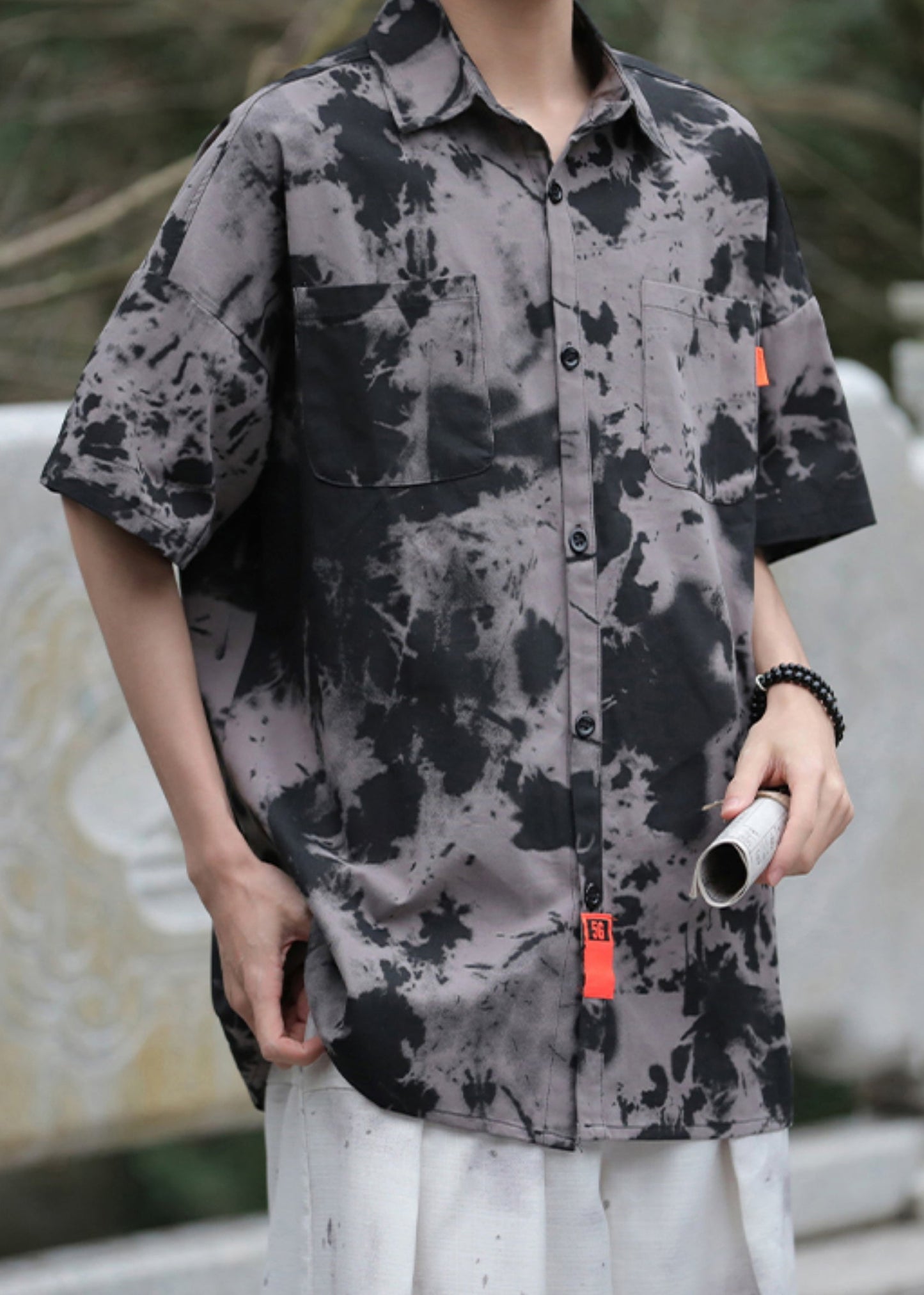 Black Tie Dye Pockets Ice Silk Shirts Summer