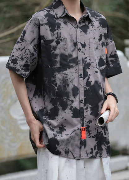 Black Tie Dye Pockets Ice Silk Shirts Summer