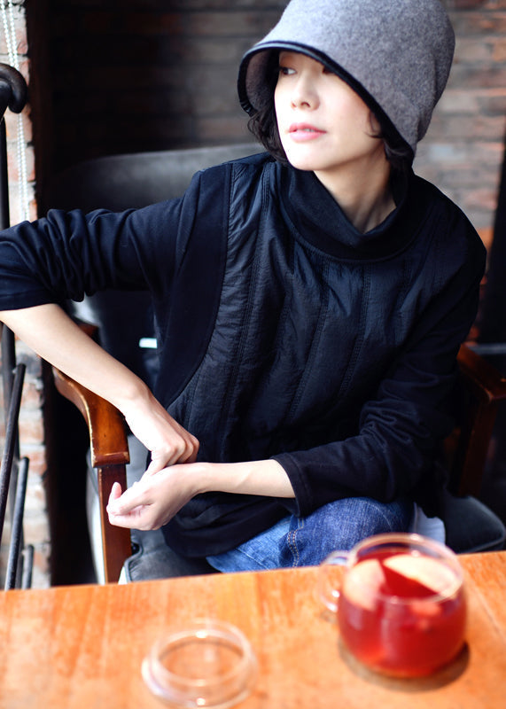 Black Turtleneck Fake Two Pieces Patchwork Sweatshirts Winter