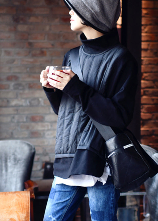 Black Turtleneck Fake Two Pieces Patchwork Sweatshirts Winter