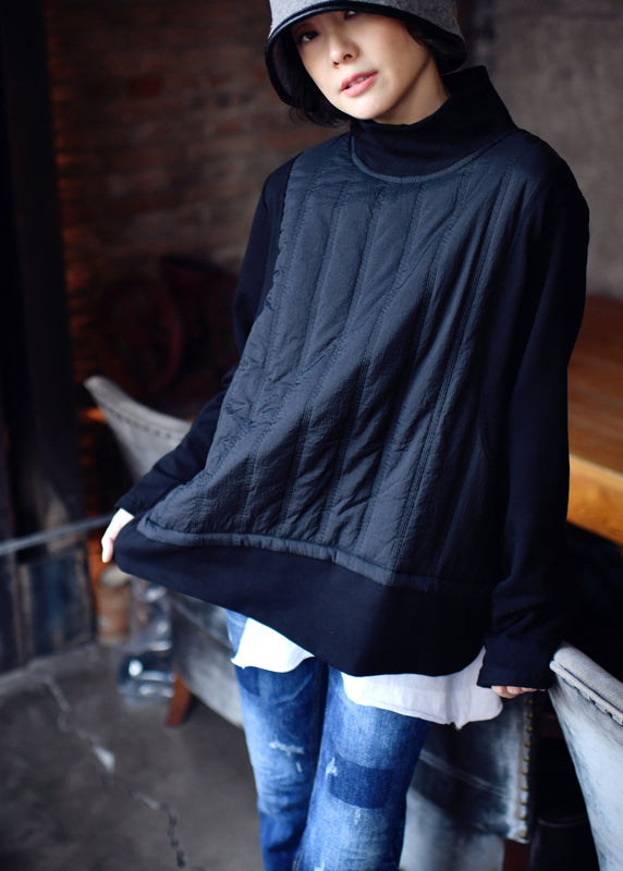 Black Turtleneck Fake Two Pieces Patchwork Sweatshirts Winter