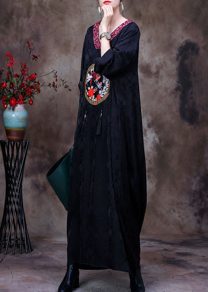 Black V Neck Butterfly Embroideried Tassel Silk Long Dresses Long Sleeve