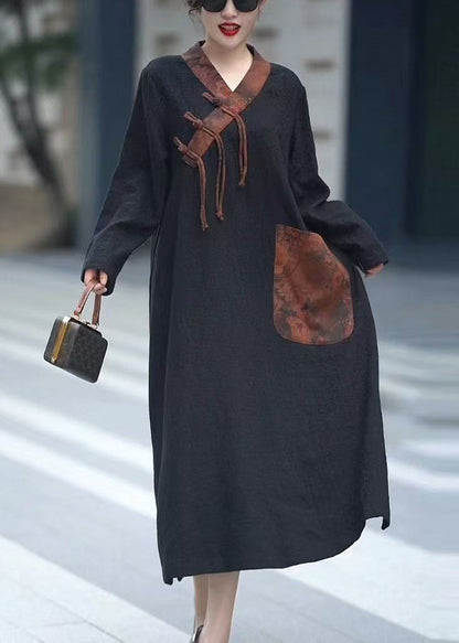 Black V Neck Chinese Button Pockets Cotton Dresses Spring