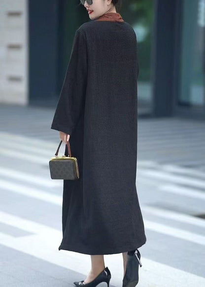 Black V Neck Chinese Button Pockets Cotton Dresses Spring