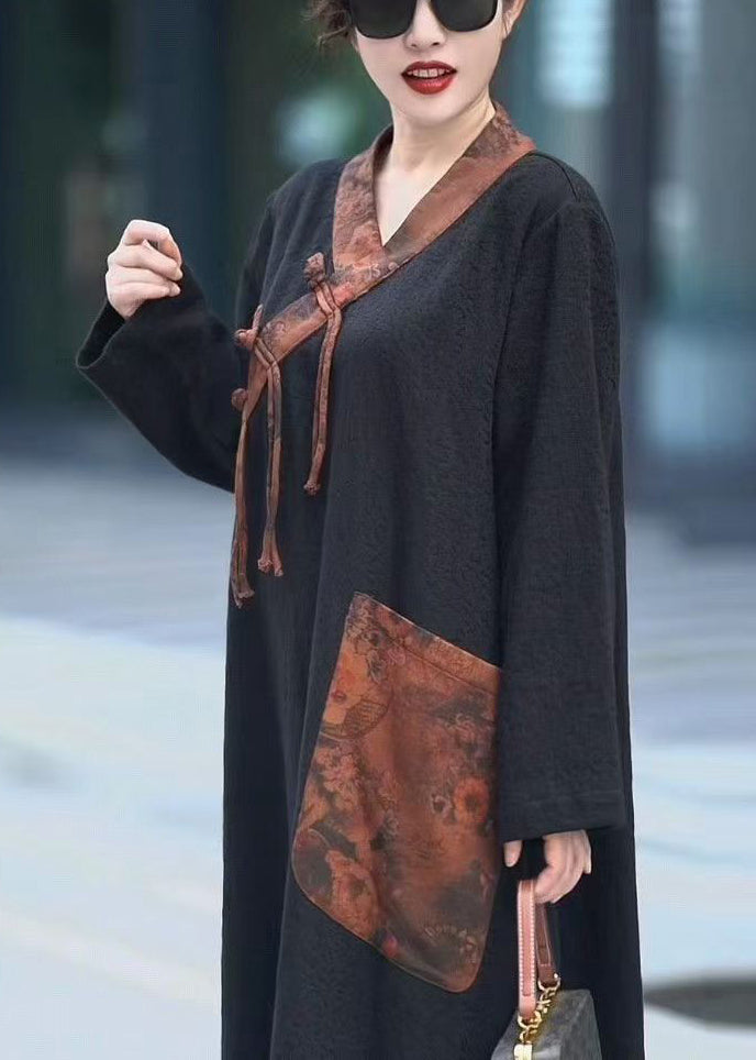 Black V Neck Chinese Button Pockets Cotton Dresses Spring