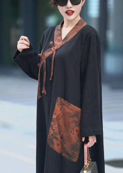 Black V Neck Chinese Button Pockets Cotton Dresses Spring