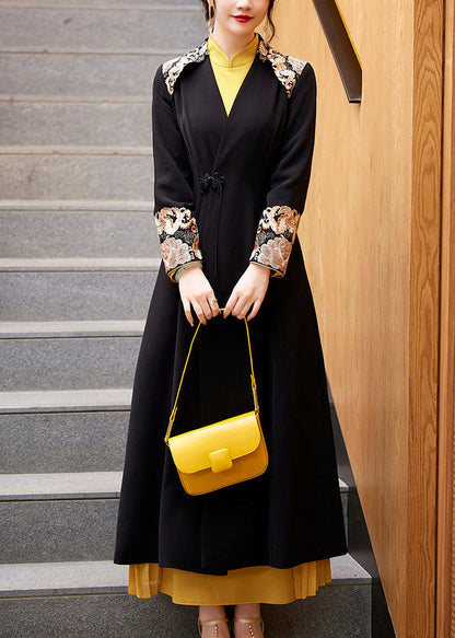 Black V Neck Embroideried Button Long Coats Fall