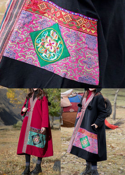 Black V Neck Embroideried Patchwork Applique Fine Cotton Filled Long Coats Winter