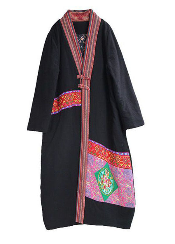 Black V Neck Embroideried Patchwork Applique Fine Cotton Filled Long Coats Winter