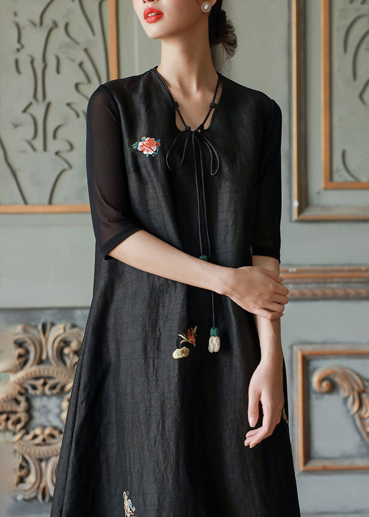 Black V Neck Embroideried Patchwork Silk Dress Summer