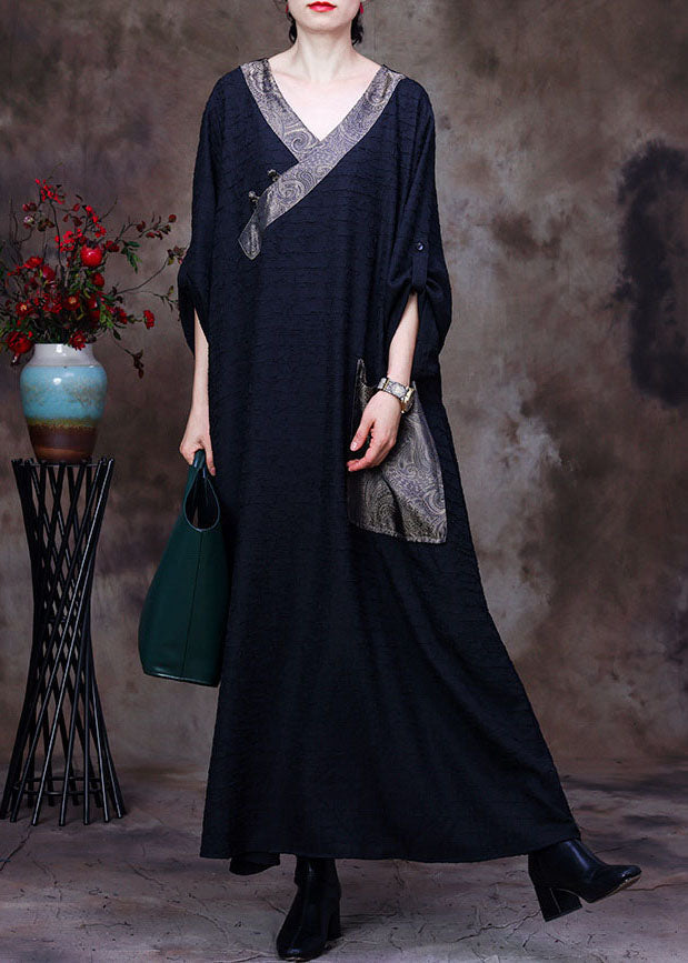 Black V Neck Patchwork Pocket Wrinkled Silk Dress Long Sleeve