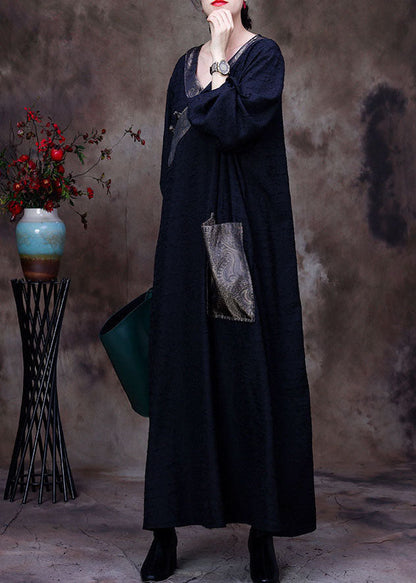 Black V Neck Patchwork Pocket Wrinkled Silk Dress Long Sleeve