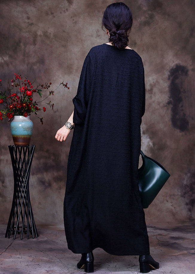 Black V Neck Patchwork Pocket Wrinkled Silk Dress Long Sleeve