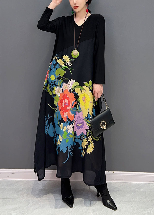 Black V Neck Patchwork Print a Line Dress Spring