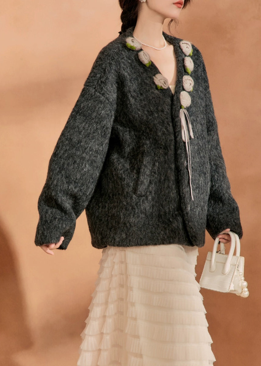Black V Neck Pockets Woolen Coat Spring