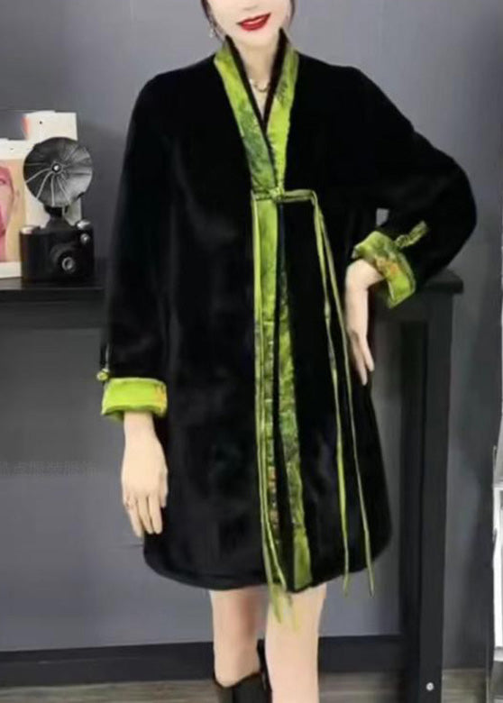 Black V Neck Print Mink Velvet Button Warm Wear on Both Sides Coat Winter