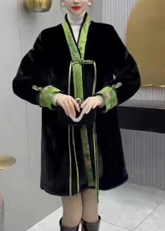 Black V Neck Print Mink Velvet Button Warm Wear on Both Sides Coat Winter
