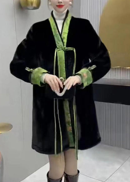 Black V Neck Print Mink Velvet Button Warm Wear on Both Sides Coat Winter